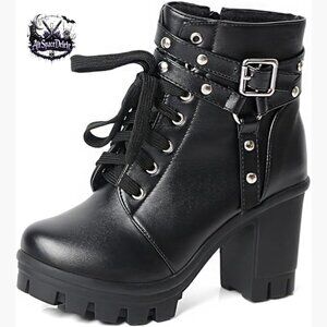 Chunky Platform Ankle Boots with Buckles and Zipper Closure
